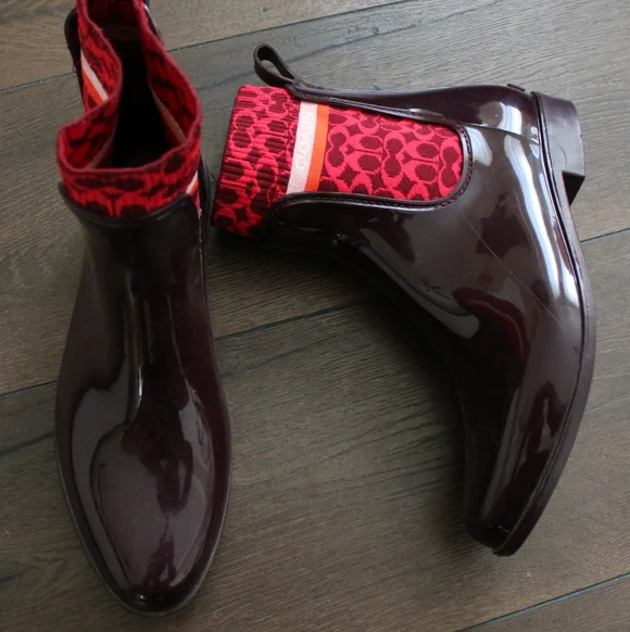 Coach Burgundy Patent Rain Chelsea Boots with Red Signature Sock - Picture 1 of 8